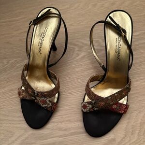 Dolce & Gabbana Vintage Floral Brocade Strappy Heels- Black Satin, Made in Italy